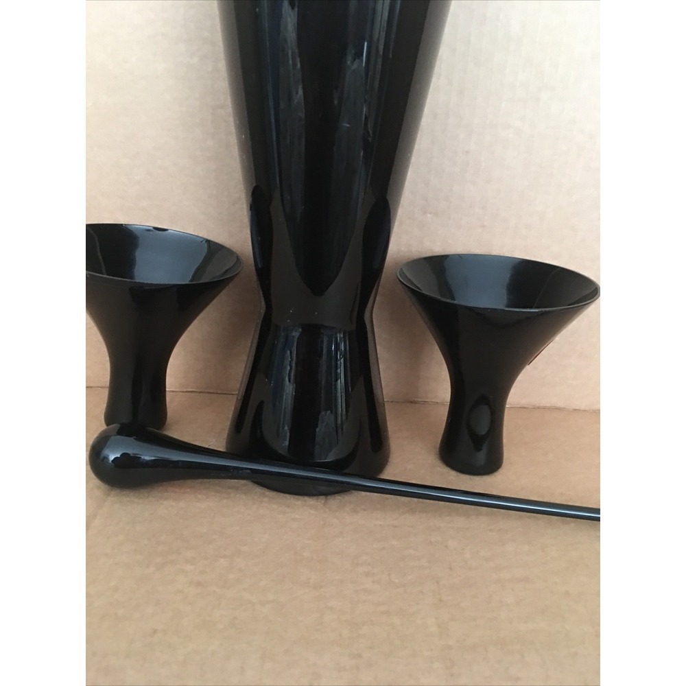 Vintage Finland Mid-Century Modern black Glass Cocktail Pitcher stir Stick cups